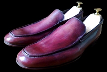 heschung moccasins, patine lie de vin, contours rehaussés violine